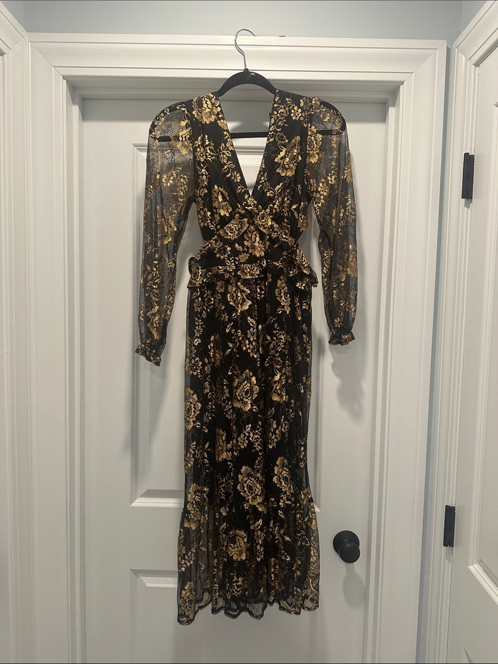 Miss Selfridge Black and Gold Long Sleeve Floral Midi Dress